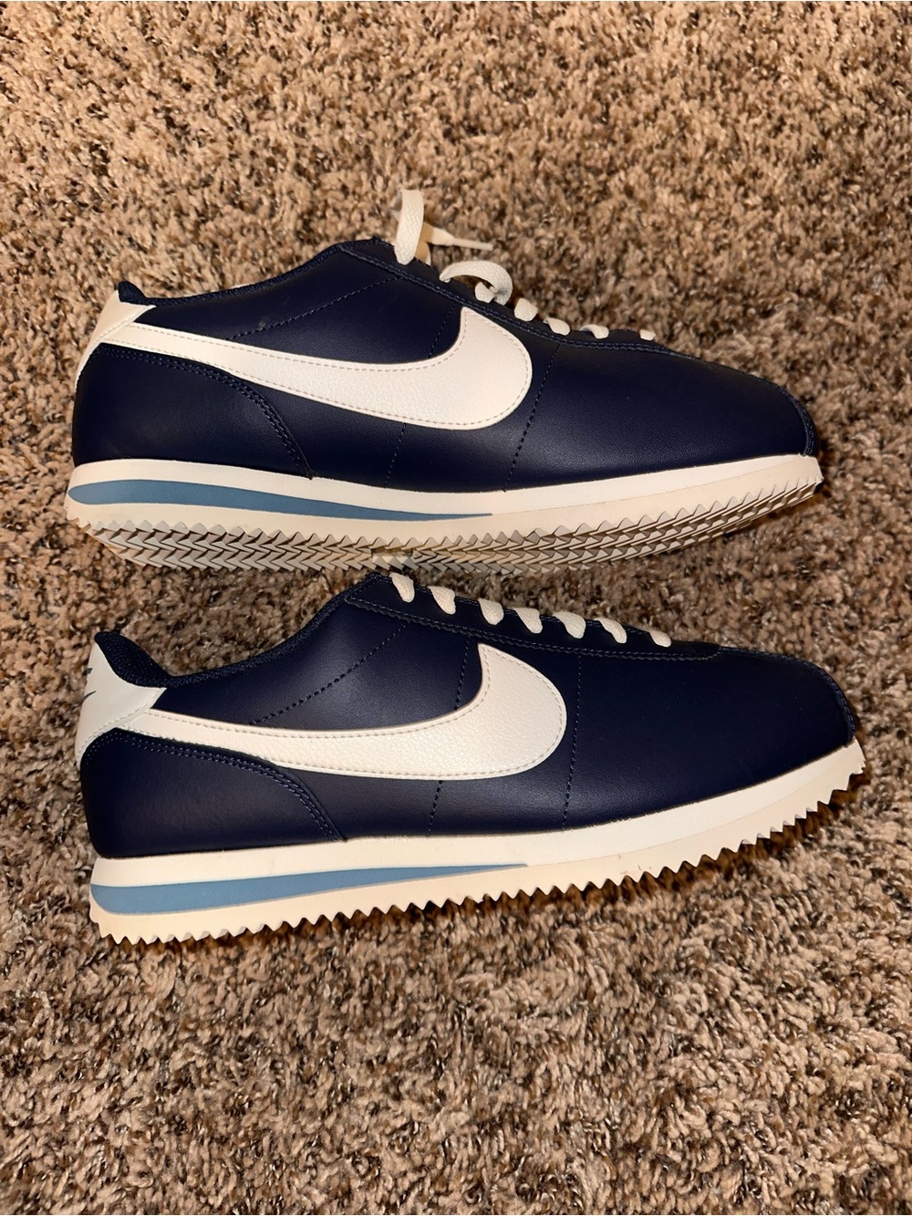 Nike Classic Cortez-Style Leather Sneaker in Navy and White